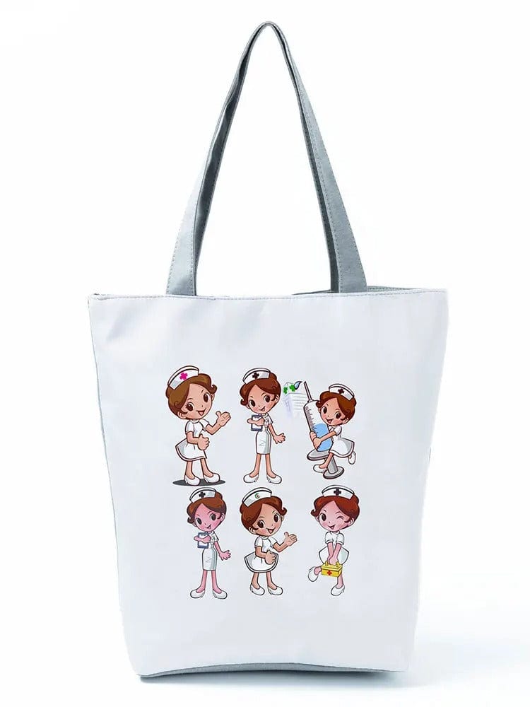CartoonNurse Ladies Printed Handbag – Foldable High Capacity Eco Reusable Shoulder Bag for Travel & Shopping