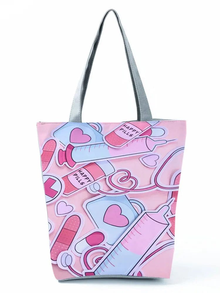 CartoonNurse Ladies Printed Handbag – Foldable High Capacity Eco Reusable Shoulder Bag for Travel & Shopping