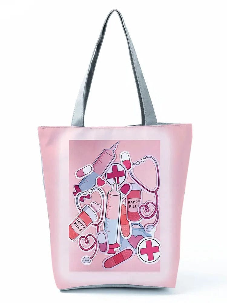 CartoonNurse Ladies Printed Handbag – Foldable High Capacity Eco Reusable Shoulder Bag for Travel & Shopping