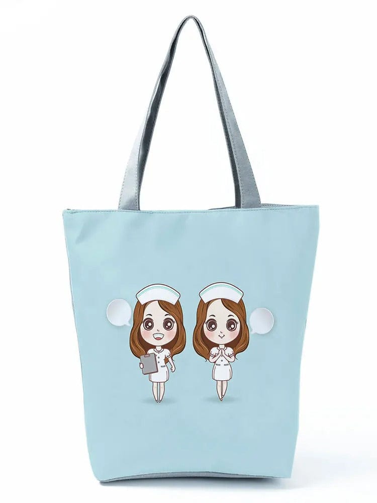 CartoonNurse Ladies Printed Handbag – Foldable High Capacity Eco Reusable Shoulder Bag for Travel & Shopping