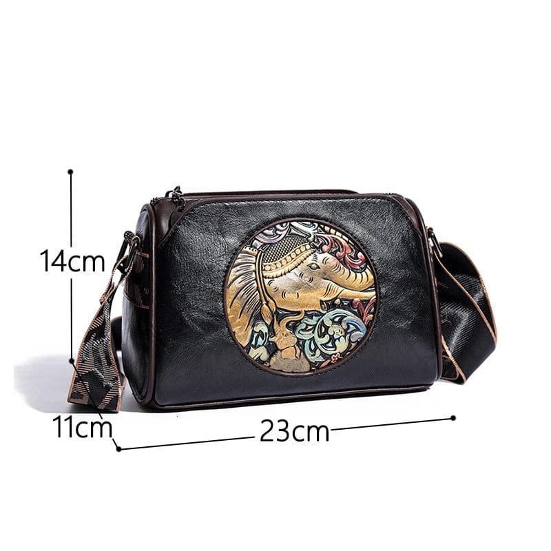 Women's Shoulder Bag with Elephant Embroidery – High-Quality Leather Messenger Bag
