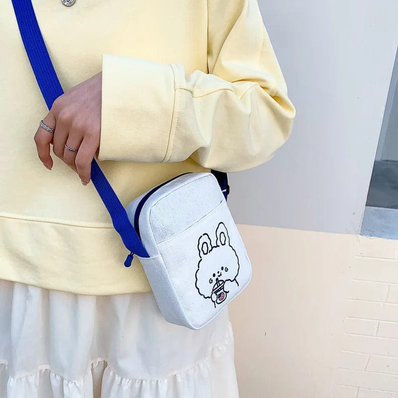 Cute Bear Rabbit Print Mini Canvas Crossbody Bag for Women & Girls – Trendy Cartoon Shoulder