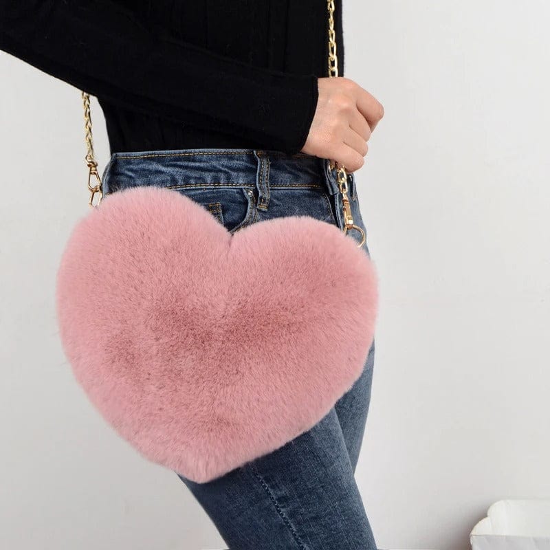Cute Heart-Shaped Faux Fur Crossbody Bag – Plush Chain Shoulder Handbag for Women,