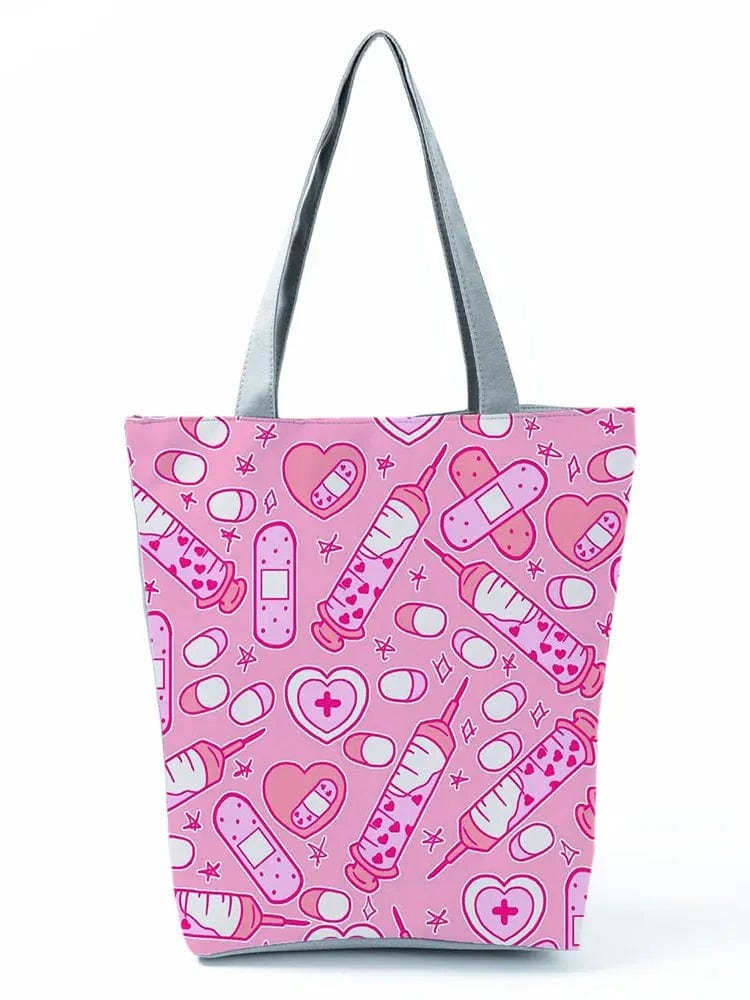 CartoonNurse Ladies Printed Handbag – Foldable High Capacity Eco Reusable Shoulder Bag for Travel & Shopping