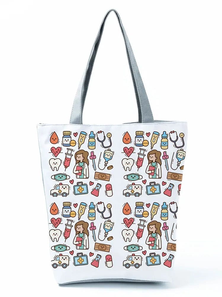 CartoonNurse Ladies Printed Handbag – Foldable High Capacity Eco Reusable Shoulder Bag for Travel & Shopping