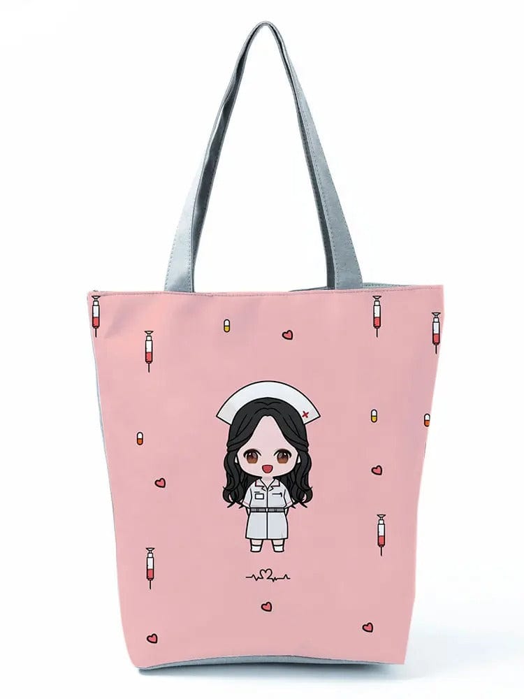 CartoonNurse Ladies Printed Handbag – Foldable High Capacity Eco Reusable Shoulder Bag for Travel & Shopping
