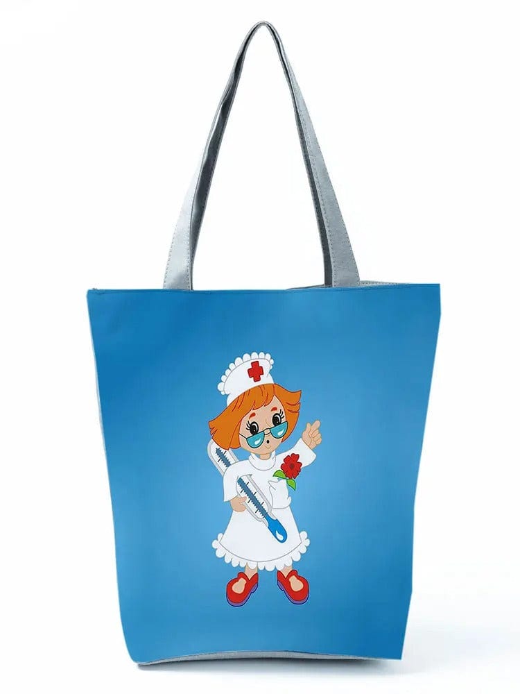 CartoonNurse Ladies Printed Handbag – Foldable High Capacity Eco Reusable Shoulder Bag for Travel & Shopping