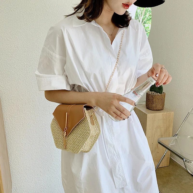Handmade Straw & Leather Handbag for Women – Summer Rattan Beach Circle