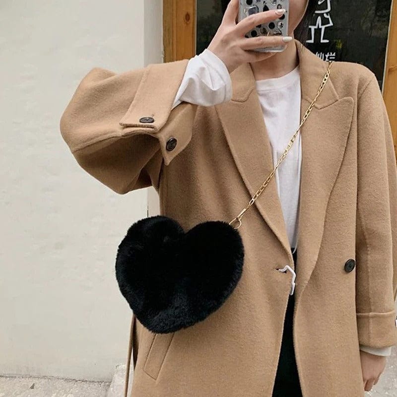 Cute Heart-Shaped Faux Fur Crossbody Bag – Plush Chain Shoulder Handbag for Women,