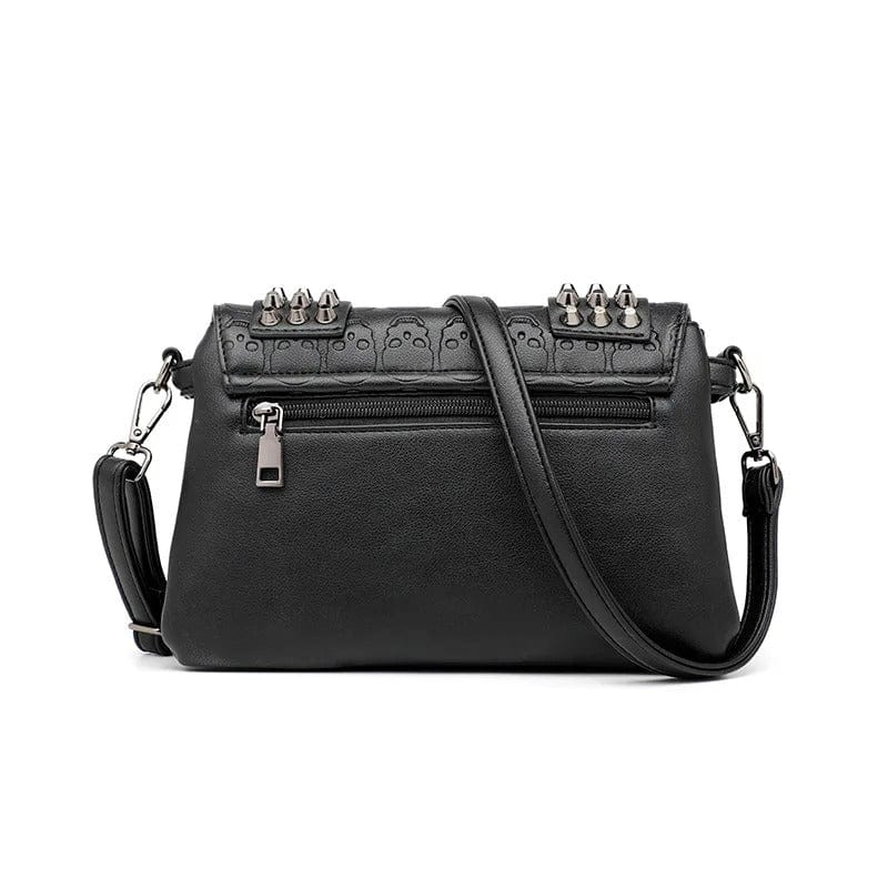 Fashion Women’s Black Leather Messenger Bag | Vintage Skull Rivets Crossbody