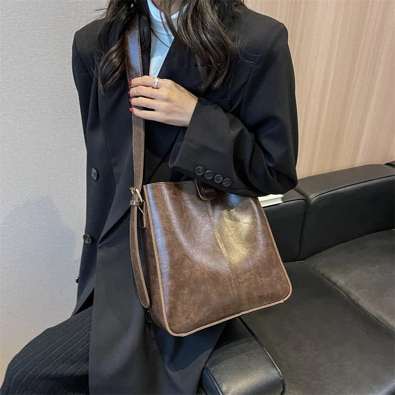 LEFTSIDE 2024 Retro Solid Color Leather Shoulder Bag - Stylish Korean Fashion