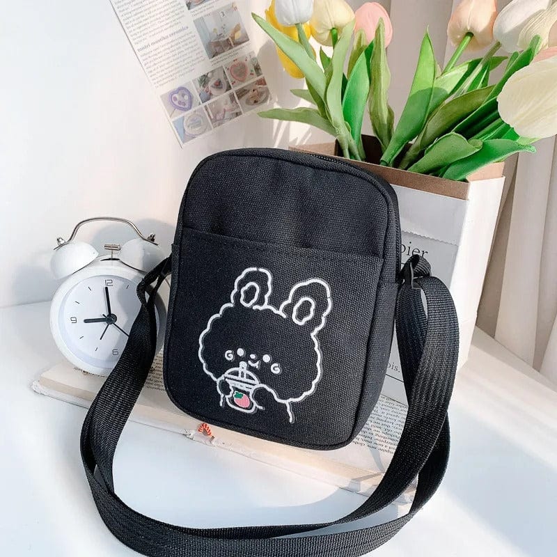 Cute Bear Rabbit Print Mini Canvas Crossbody Bag for Women & Girls – Trendy Cartoon Shoulder