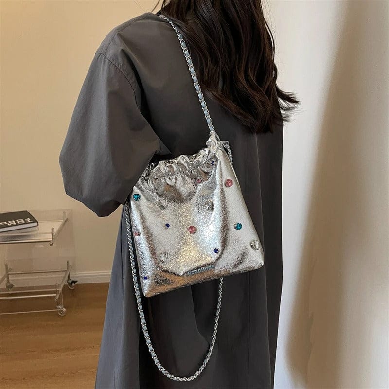 LEFTSIDE Luxury Silver Leather Crossbody Bag for Women – Diamonds Design, 2023