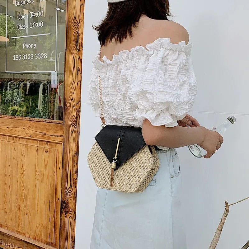 Handmade Straw & Leather Handbag for Women – Summer Rattan Beach Circle