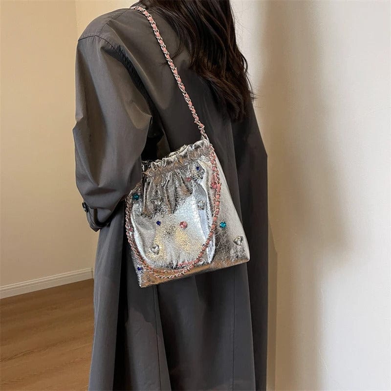 LEFTSIDE Diamonds Design Silver Leather Crossbody Bag for Women – 2023 Luxury
