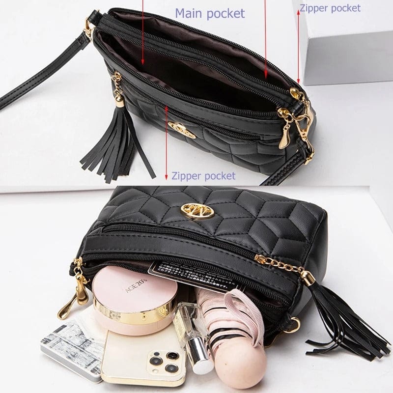 Double Zipper Crossbody Bag – PU Leather Diamond Lattice Shoulder Bag with