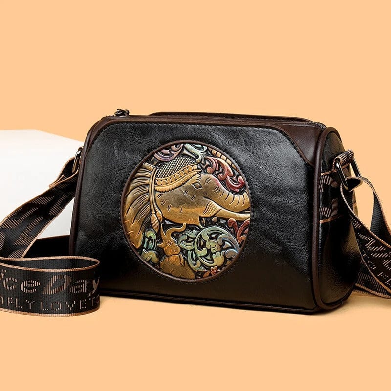 Women's Shoulder Bag with Elephant Embroidery – High-Quality Leather Messenger Bag