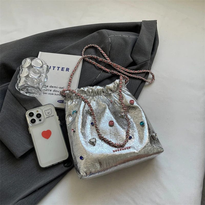 LEFTSIDE Diamonds Design Silver Leather Crossbody Bag for Women – 2023 Luxury