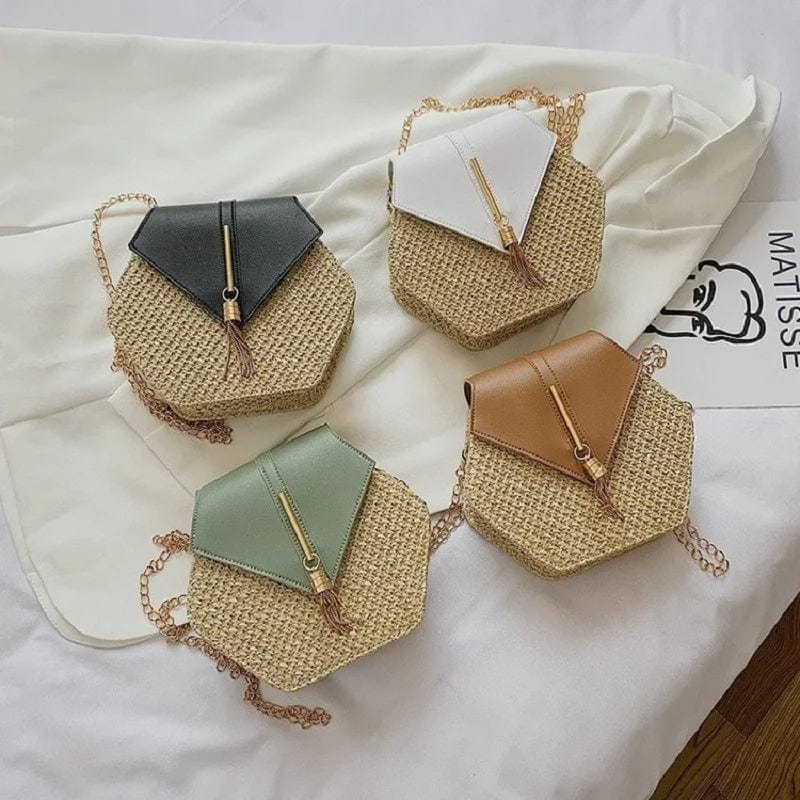 Handmade Straw & Leather Handbag for Women – Summer Rattan Beach Circle