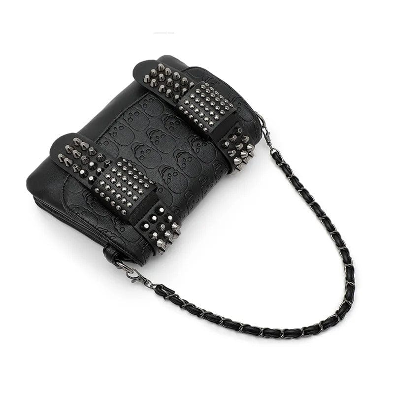 Fashion Women’s Black Leather Messenger Bag | Vintage Skull Rivets Crossbody