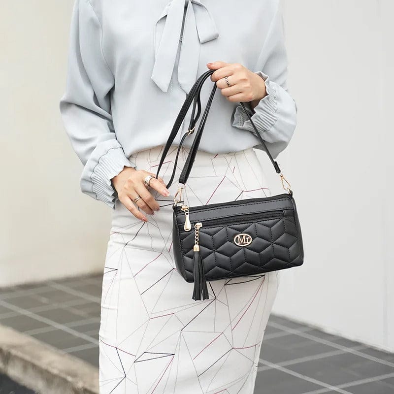 Double Zipper Crossbody Bag – PU Leather Diamond Lattice Shoulder Bag with