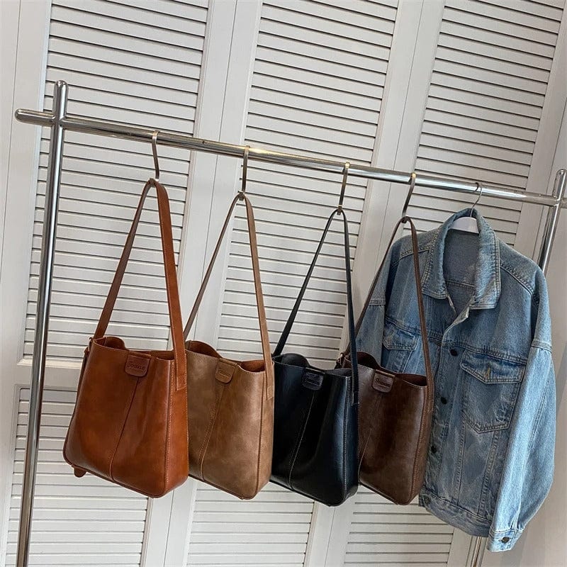 LEFTSIDE 2024 Retro Solid Color Leather Shoulder Bag - Stylish Korean Fashion