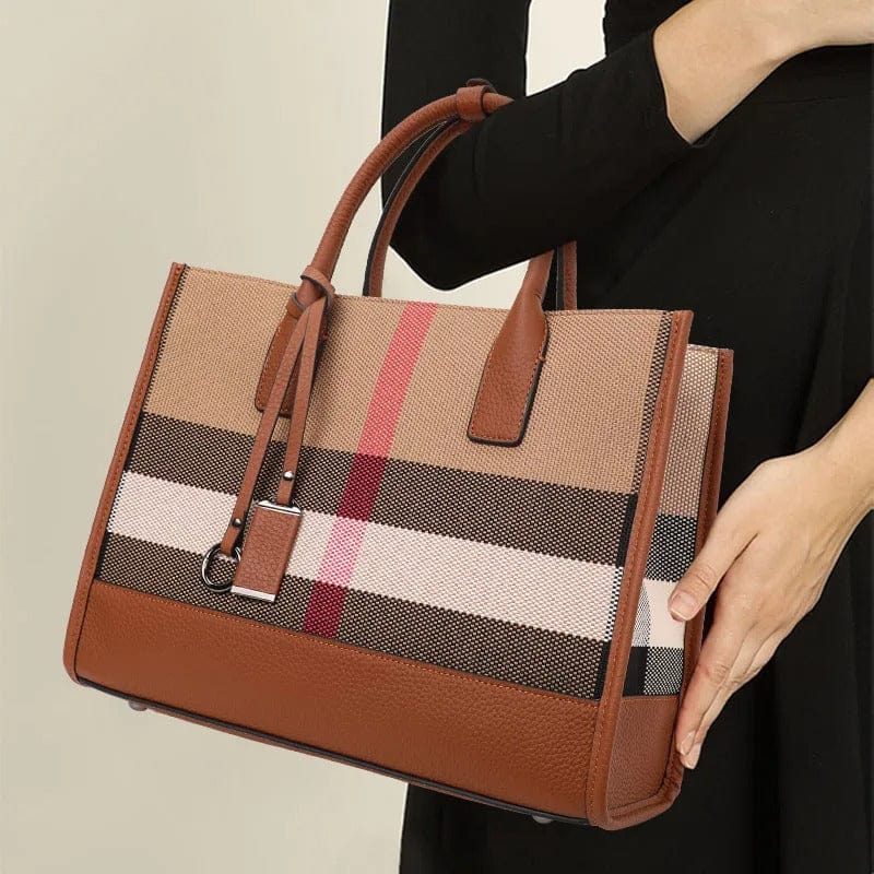 Aidrani Plaid Canvas Handbag – Classic Women’s Large Capacity Cowhide Shoulder