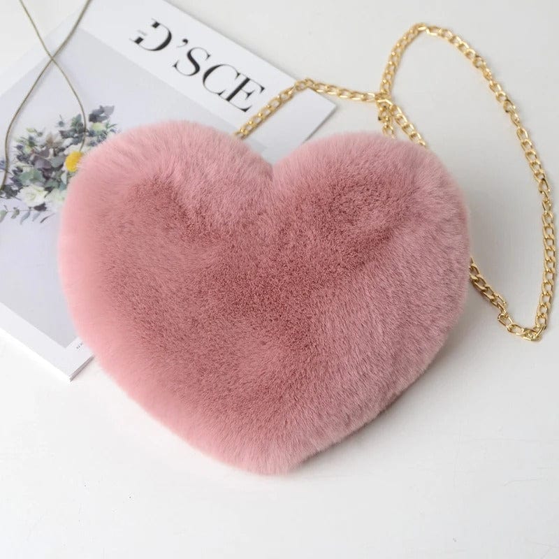 Cute Heart-Shaped Faux Fur Crossbody Bag – Plush Chain Shoulder Handbag for Women,