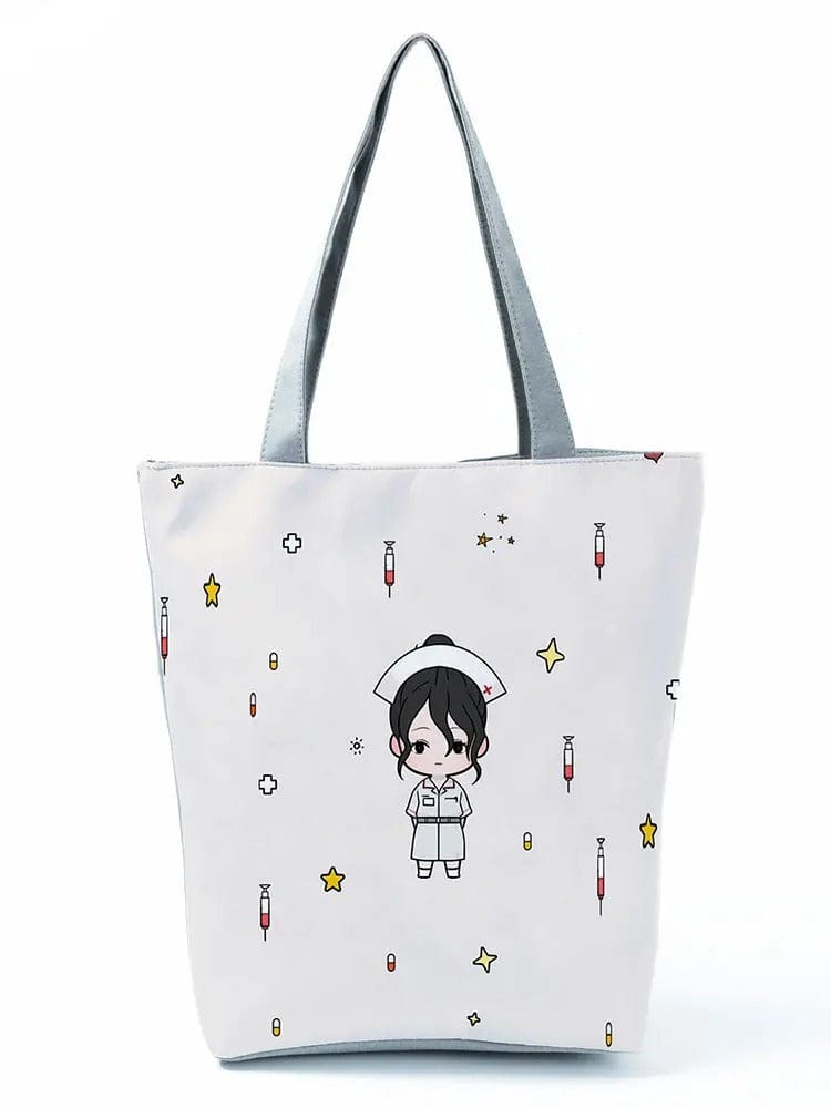 CartoonNurse Ladies Printed Handbag – Foldable High Capacity Eco Reusable Shoulder Bag for Travel & Shopping