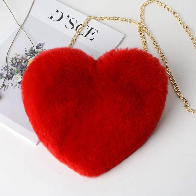 Cute Heart-Shaped Faux Fur Crossbody Bag – Plush Chain Shoulder Handbag for Women,