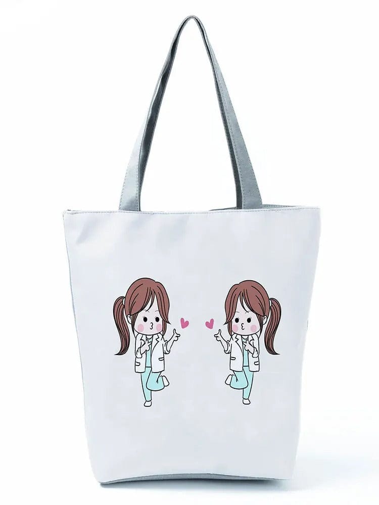 CartoonNurse Ladies Printed Handbag – Foldable High Capacity Eco Reusable Shoulder Bag for Travel & Shopping