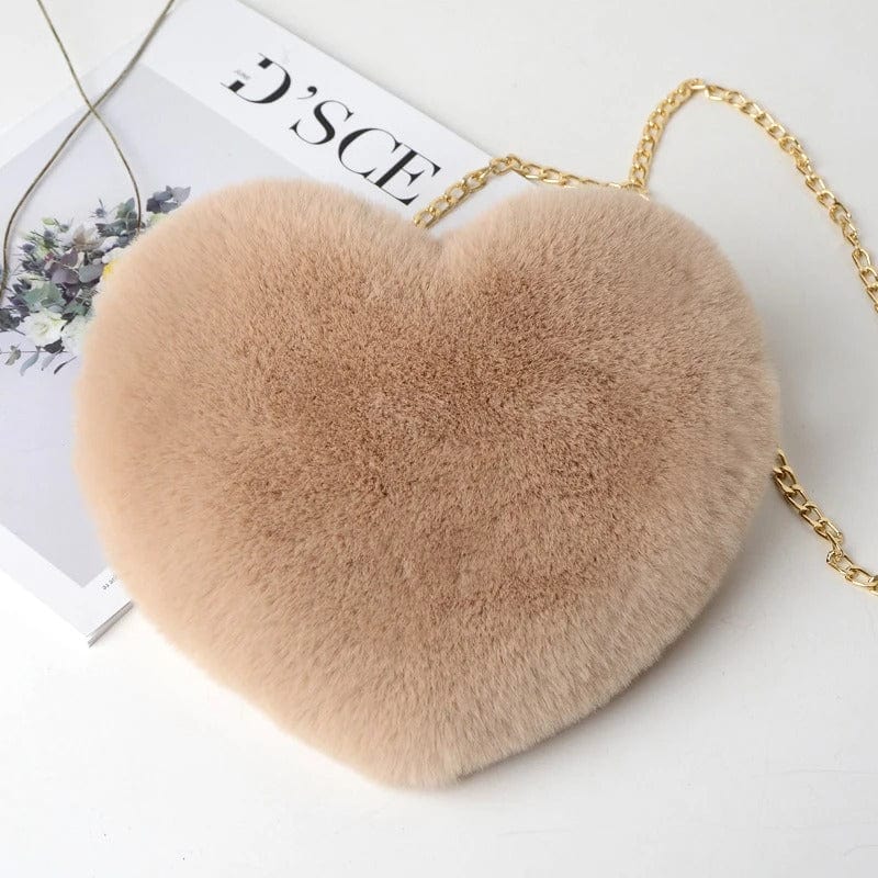 Cute Heart-Shaped Faux Fur Crossbody Bag – Plush Chain Shoulder Handbag for Women,