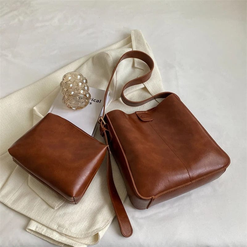 LEFTSIDE 2024 Retro Solid Color Leather Shoulder Bag - Stylish Korean Fashion