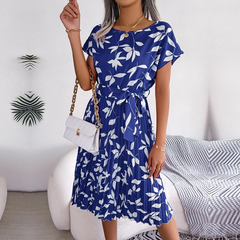 Chic Floral Pleated A-Line Long Dress