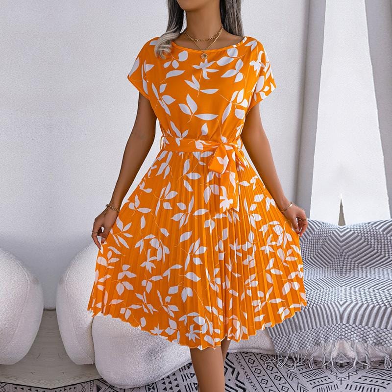 Chic Floral Pleated A-Line Long Dress