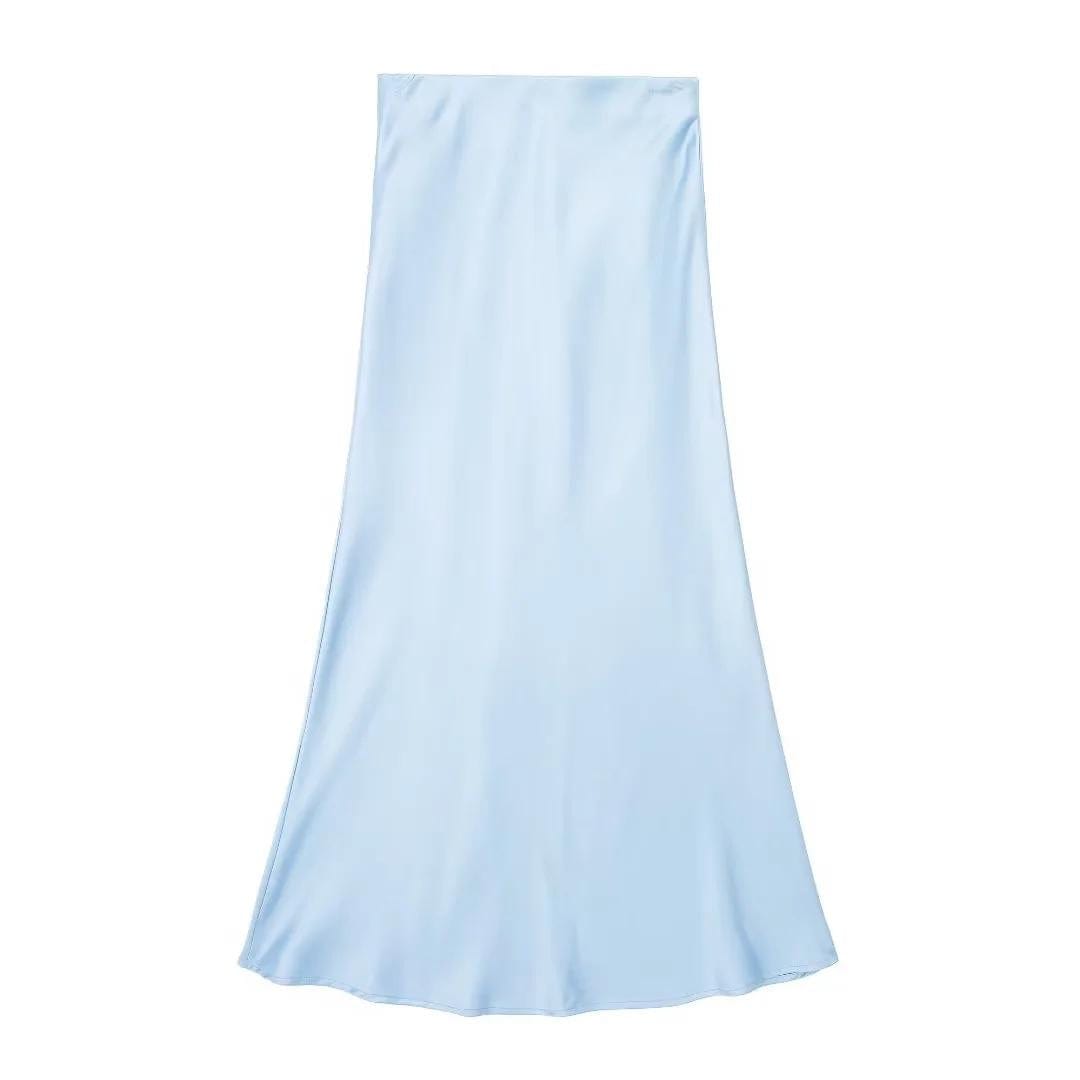 Casual Long Skirt Elastic High Waist A-Line Satin Skirt for Spring, Streetwear Chic