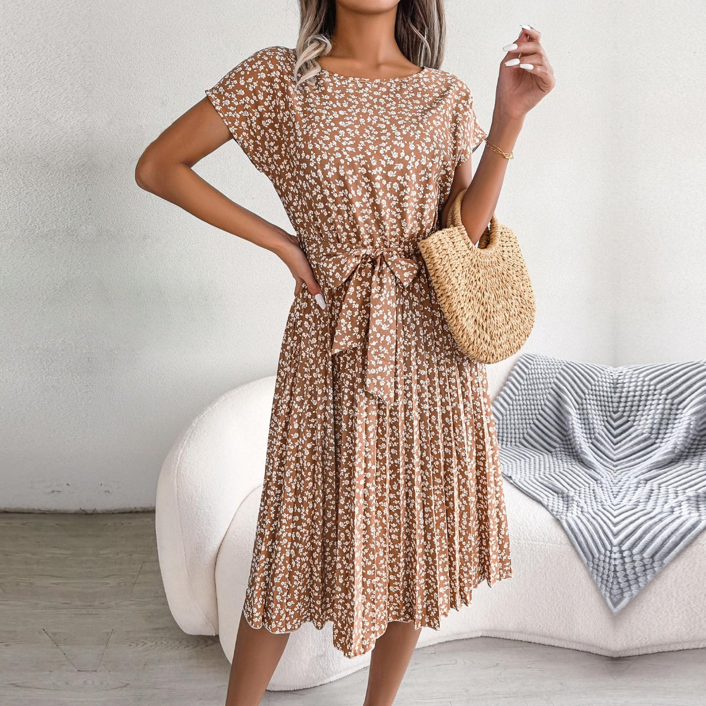 Chic Floral Pleated A-Line Long Dress