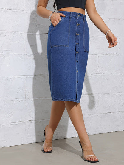 Single-Breasted Dark Wash Blue Midi Denim Skirt with Split Hem Casual Style for Women