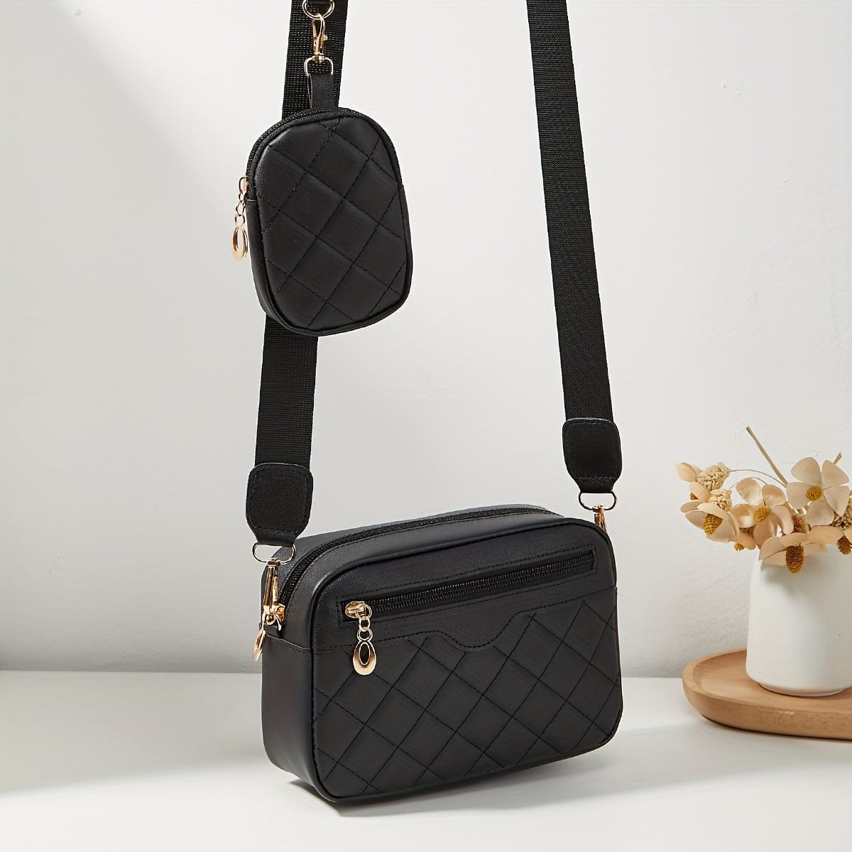 Solid Color Quilted Crossbody Bag - Small Square Shoulder Bag with Zipper Compartments
