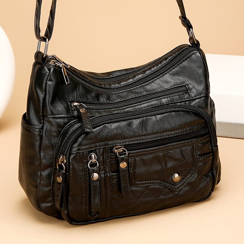 Spacious Multi-Pocket Vegan Leather Crossbody Bag - Chic Zipper Accents for Everyday
