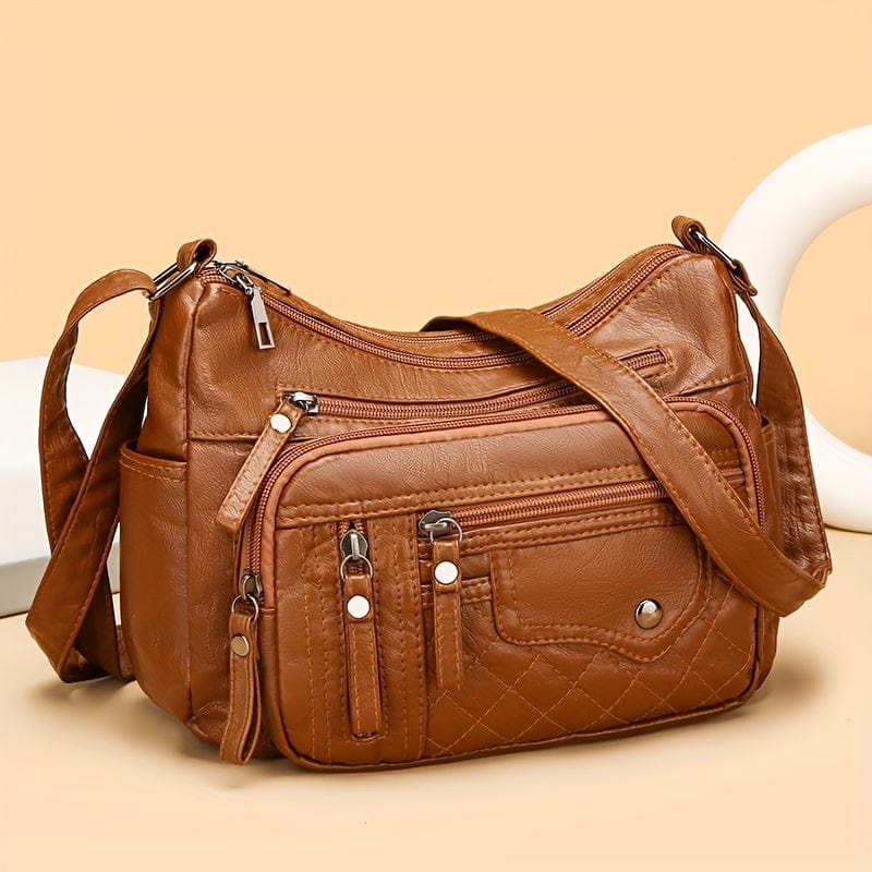 Spacious Multi-Pocket Vegan Leather Crossbody Bag - Chic Zipper Accents for Everyday