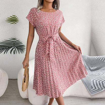 Chic Floral Pleated A-Line Long Dress