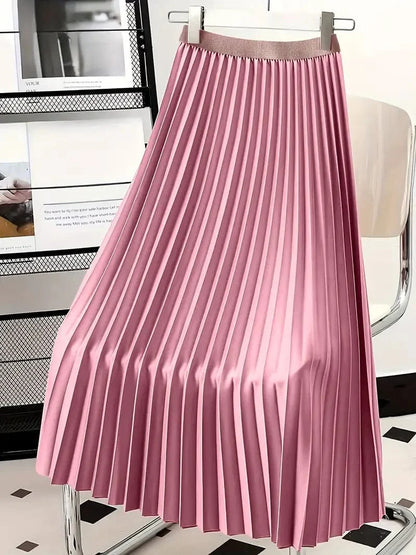 Solid High-Waisted Pleated Skirt Versatile Design for Spring & Fall Fashion