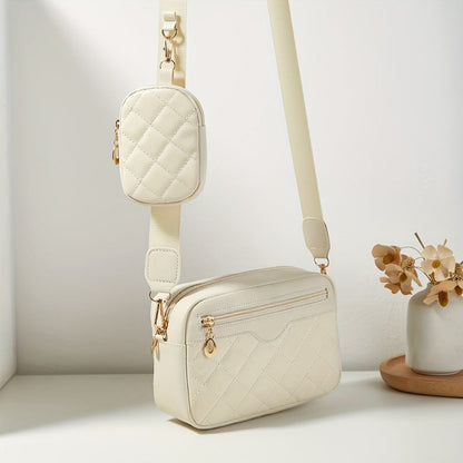Solid Color Quilted Crossbody Bag - Small Square Shoulder Bag with Zipper Compartments