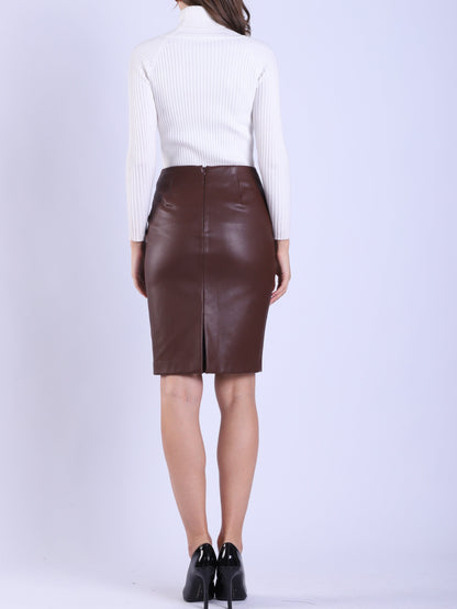 High-Waist Faux Leather Skirt with Zip Back Stretchy Knit Fabric, Solid Color, No Washing Required, Ideal for All Seasons