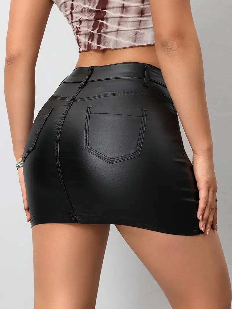 Sleek Black PU Leather Mini Skirt for Women High-Waist