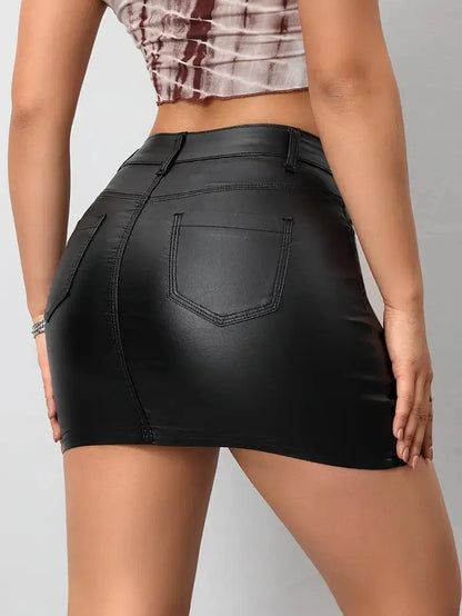 Sleek Black PU Leather Mini Skirt for Women High-Waist