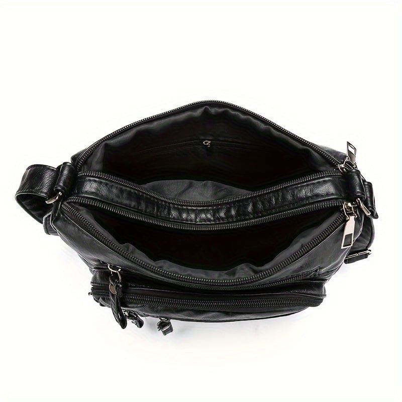 Spacious Multi-Pocket Vegan Leather Crossbody Bag - Chic Zipper Accents for Everyday