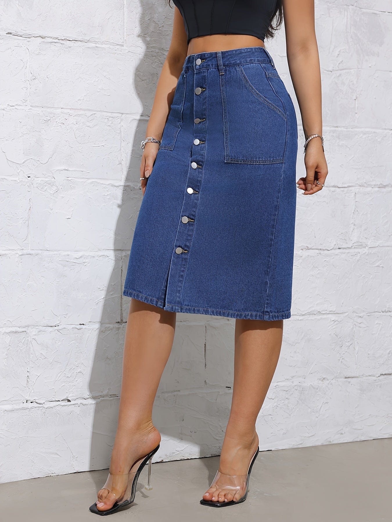 Single-Breasted Dark Wash Blue Midi Denim Skirt with Split Hem Casual Style for Women