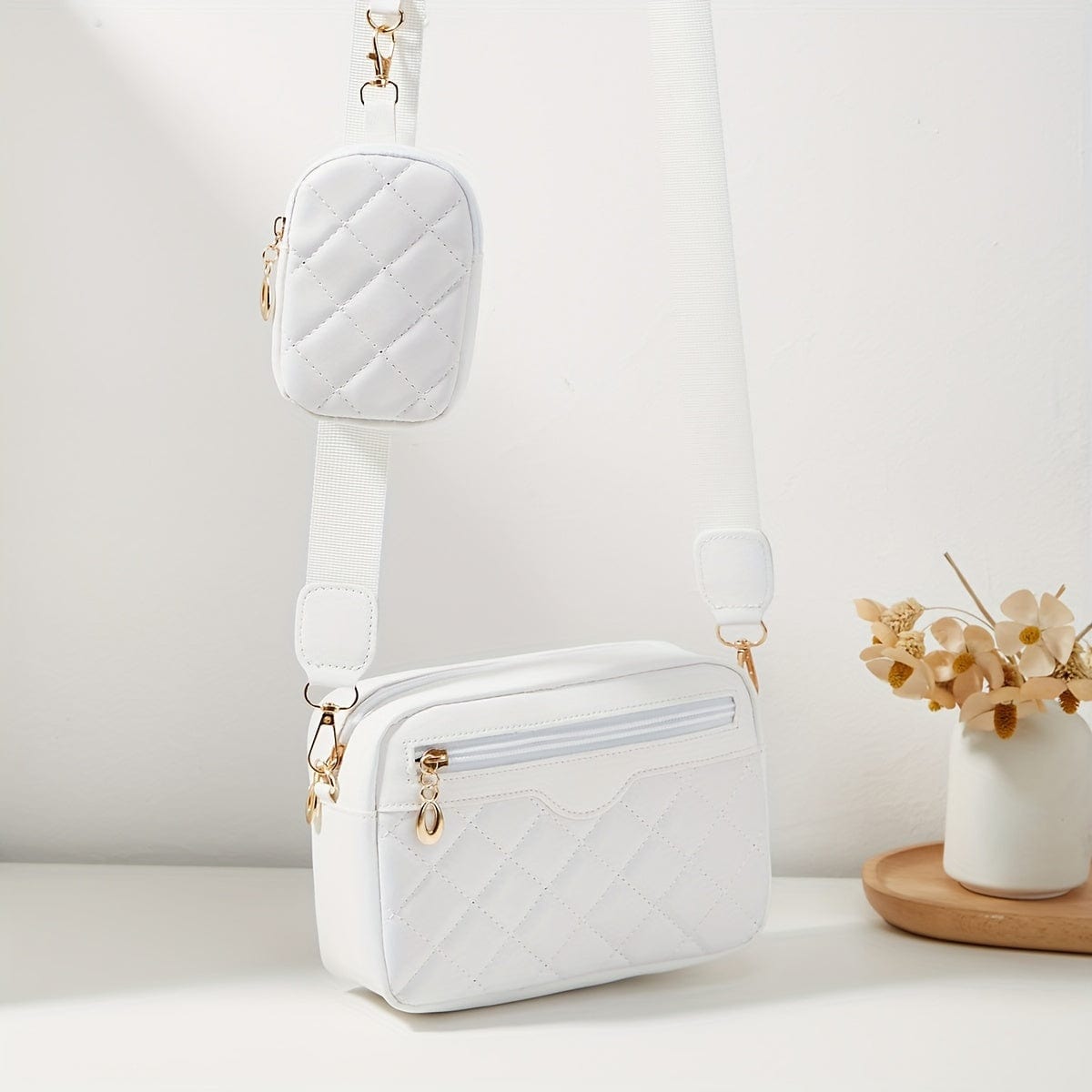 Solid Color Quilted Crossbody Bag - Small Square Shoulder Bag with Zipper Compartments